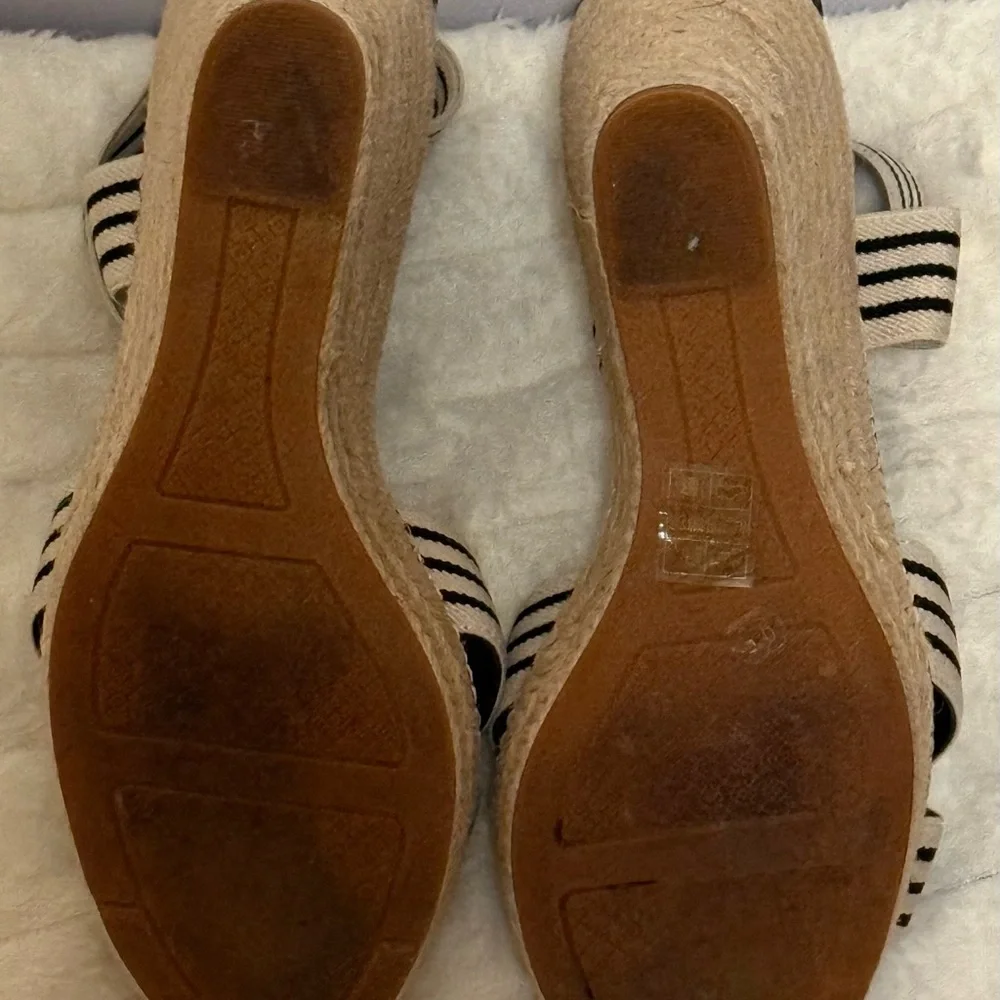 Tory Burch Black and Cream Striped Espadrille Wedge Sandals